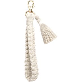 Fuqimanman2020 Handmade Soft Boho Macrame Wristlet Keychain Bracelet for Women with Tassel Lava Rock Lanyard Weave Holder