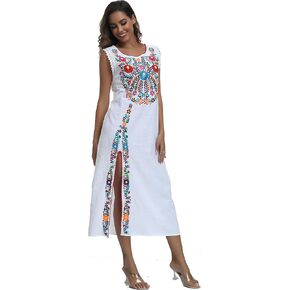 YZXDORWJ Women's Mexican Scoop Neck Floral Embroidered Split Sleeveless Lace Boho Tank Dresses