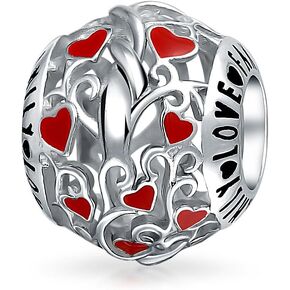Red Silver Round I Love You Word Filigree Hearts Valentine Couples Love Knot Infinity Charm Bead For Women Teen .925 Sterling Silver Fits European Charm Bracelet