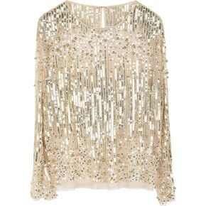 PrettyGuide Women's Sequin Blouse See Through Party Tops Beaded Sparkly Shirts