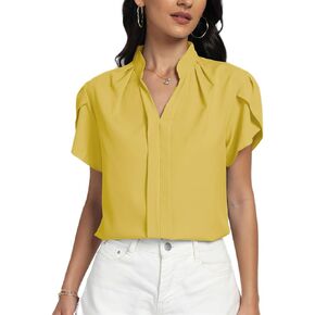 LYANER Women's Casual Split V Neck Petal Cap Sleeve Chiffon Blouse Shirt Tops