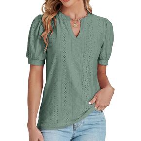 LYANER Women's Casual Eyelet V Neck Puff Short Sleeve Shirt Blouse Tunic Top