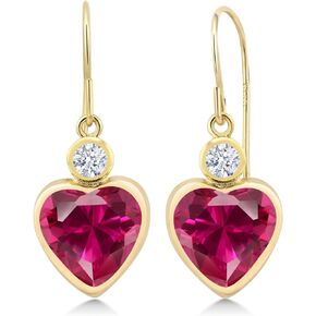 Gem Stone King 14K Yellow Gold Red Created Ruby and White Zirconia Earrings For Women (4.60 Cttw, Gemstone July Birthstone, Heart Shape 8MM and, Round 3MM)