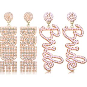 2 Pairs Bride Earrings Beaded Wedding Bridal Drop Dangle Earrings for Women Elegant Mrs Alloy Earrings Bridal Shower Bachelorette Party Jewelry Gift