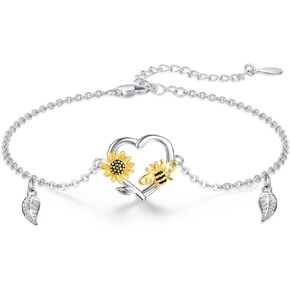 Sunflower Bracelet Sterling Silver Adjustable Sunflower Bee Bracelet Summer Bumble Sunflower Bracelet Sunflower Bee Jewelry Gifts for Women Girls Birthday