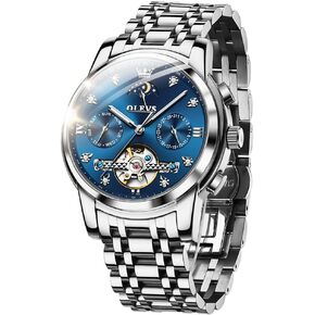 OLEVS Men Automatic Watch Skeleton Moon Phase Dial Luxury Dress Stainless Steel Strap 5 Hands Diamond Men Wrist Watches