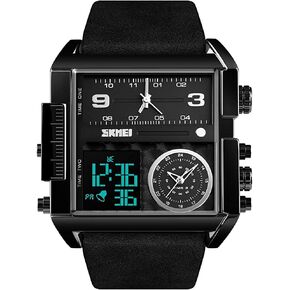 SKMEI Watches for Men, Square Men's Wrist Watches, LED Backlight Large Screen Multi-Time Zone Men's Watch, Waterproof Analog Men's Digital Sports Watch
