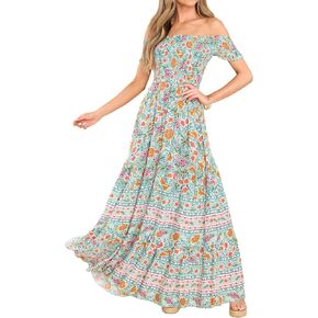 R.Vivimos Women's Summer Maxi Off-Shoulder Dresses Short Sleeve Empire Waist Boho Floral Print Casual Smocked Flowy Dresses