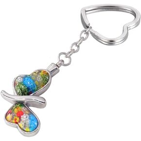 Multicolor Murano Glass Flower Butterfly Urn Pendant Keyring Cremation Jewelry Ash Memorial Keepsake Stainless Steel Keychain