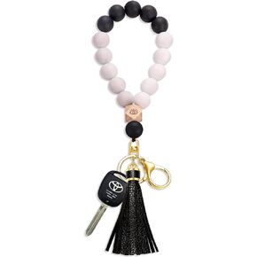 Silicone Wristlet Keychain Bracelet for Women Beaded House Car Tassel Key Ring Holder