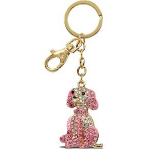 Pink Beagle Dog Keychain - Gold 3D Sparkling Charm Rhinestones Fashionable Stylish Metal Alloy Durable Key Ring Bling Crystal Jewelry Accessory with Clasp