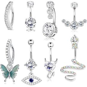Subiceto 14G Belly Button Rings Dangle Cute Gold Plated Snake Evil Eye Clear CZ Butterfly Clicker Belly Button Rings for Women Reverse Navel Rings Belly Piercing Pack