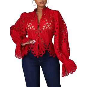 Womens Sexy Lace Long Sleeve Ruffled Tops Cute Puff Flare Blouses V Neck Hollow Out Button Down Shirt Tunic