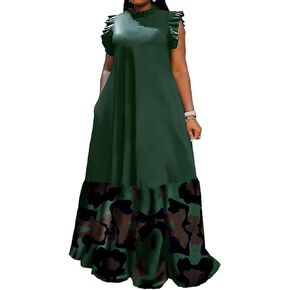 Famnbro Plus Size Maxi Dress for Women Summer Ruffles Sleeveless Patchwork Printed African Dresses