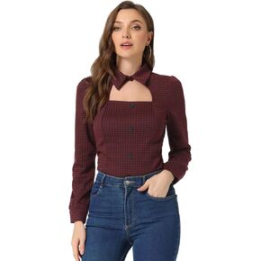Allegra K Choker Collar Top for Women's Gothic Long Sleeve Houndstooth Plaid Cutout Blouse