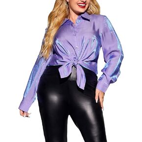 WDIRARA Women's Plus Size Holographic Button Front Long Sleeve Shirt Party Club Blouse