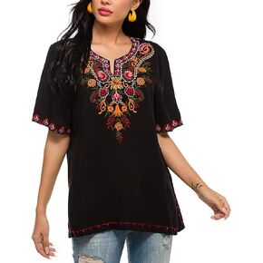 AK Women's Summer Boho Shirt Embroidery Mexican Bohemian Blouse Short Sleeve Casual Tops Tunic Blouses