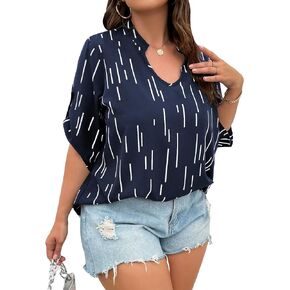 OYOANGLE Women's Plus Size Casual V Neck Striped Half Roll Tab Short Sleeve Blouse Shirt Top