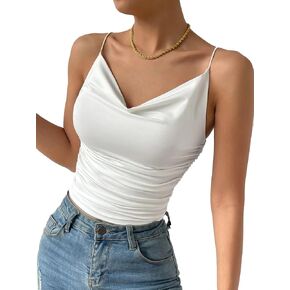 LYANER Women's Drape Cowl Neck Spaghetti Strap Crop Top Sleeveless Ruched Cami Shirts