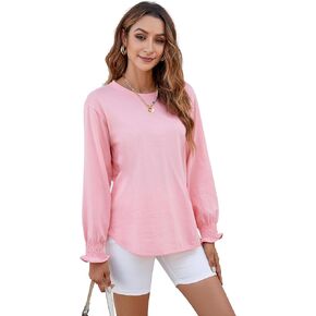 Atnlewhi Womens Puff Long Sleeve T Shirts Casual Smocked Cuff Ruffle Crewneck T-Shirt Tunic