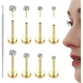 LOLIAS 14K Gold Filled Threadless Nose Studs CZ Nose Rings for Women Men 316L Surgical Steel Labret Studs Lip Rings Push in Flat Back Stud Earrings CZ Nose Nostril Tragus Helix Piercing Jewelry Hypoallergenic 20G 18G