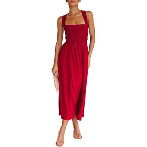 Sexyshine Women's Square Neck Halter Lace Up Criss Cross Maxi Dress Tie Back Sleeveless Smocked Ruched A Line Dress