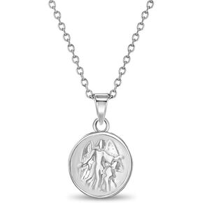 925 Sterling Silver Religious 16" Guardian Angel Round Medal Pendant Necklace for Little Girls - Small Protector Charm Link Chain Necklaces - Elegant Angel Medallion Jewelry for Children & Preteens