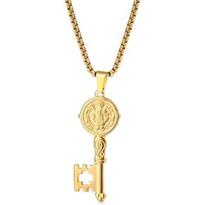 Saint Benedict Medal Key Pendant Necklace,Stainless Steel Exorcism Catholic Religious Key Necklace Jewelry 24 Inch Chain,Gift For Him