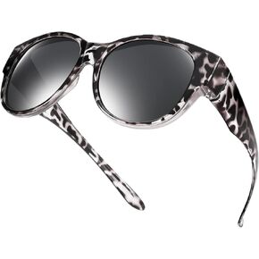 Br'Guras Polarized Oversized Fit Over Glasses Sunglasses for Women and Men Wear Over Glasses with Cat Eye Frame Shopping Running Driving(Amber Leopard-Black/Non-mirrored)