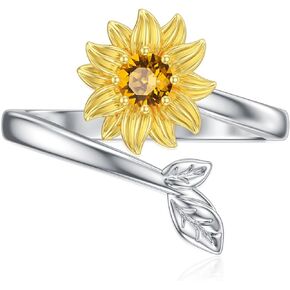 BETHZA Sunflower Rings for Women Sterling Silver Citrine Adjustable Open Ring You are My Sunshine Sunflower Ring Jewelry Gift for Mother's Day Birthday