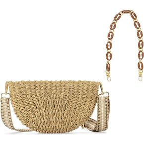 Herald Semicircle Handmade Straw Crossbody Bag for Women, Summer Chic Woven Handbag Shoulder Purse with Chain & Guitar Strap