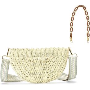Herald Semicircle Handmade Straw Crossbody Bag for Women, Summer Chic Woven Handbag Shoulder Purse with Chain & Guitar Strap