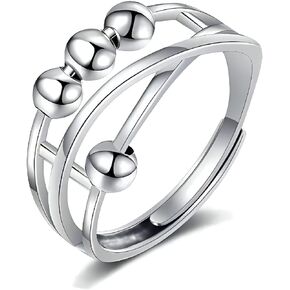 Silver Anti Anxiety Ring With Spinner Bead Relief Fidget Rings for Anxiety for Women Men Adjustable Stacking Worry Ring Rotate Rings (A)
