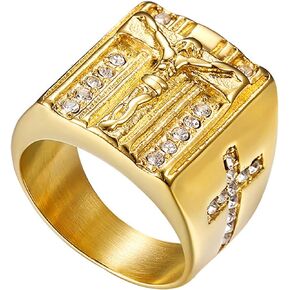 Men's Vintage Stainless Steel Jesus Cross Ring: Classic Gold Tone Religious Crucifix Christian Jewelry Gift