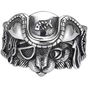 Vintage Pirate Cat Statement Finger Ring Nordic Viking Animal Fish Bone Adjustable Open Chunky Thick Rings Bands Fashion Jewelry Gifts for Women Men