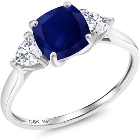 Gem Stone King 10K White Gold Blue Sapphire and White Moissanite 3-Stone Engagement Ring For Women (2.46 Cttw, 7MM Cushion and 4MM Trillion, Available In Size 5, 6, 7, 8, 9)