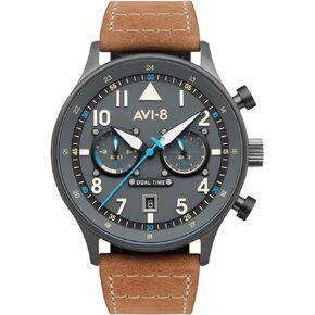 AVI-8 Mens 43.5mm Hawker Hurricane Carey Dual Time Japanese Quartz Pilot Watch with Leather or Stainless Steel Strap AV-4088