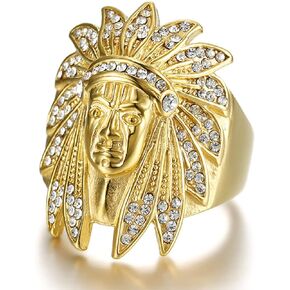 Indian Chief Ring, Native American Indian Chief Head Ring for Men, Norse Viking Warrior Ring Indian Chief Jewelry, Hip Hop Tribal Chief Head Band Ring Punk Gold Chief Ring for Boys