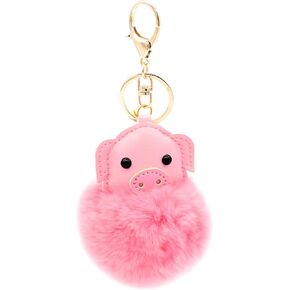 surell Real Rex Rabbit Fur Pig Key Chain - Beach Bag Purse Charm - Gold Ring Fluffy Fur Ball - Fashion Gift (Pink)