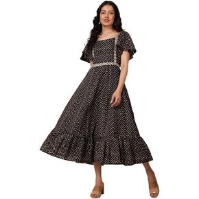 Cotton Blend Midi Dress for Girls, Half Sleeves Long Length Casual, Daily and Party Wear Dress - Black