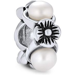 Flower White Simulated Pearl Dangle Spacer Bead Charm For Women Teen Oxidized .925 Sterling Silver Fits European Bracelet