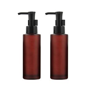 2PCS 100ML/3.4oz Empty Amber Frosted Glass Lotion Pump Bottle Jars with Black Pump Top Cosmetic Makeup Packing Storage Container for Essential Oil Emulsion Essence