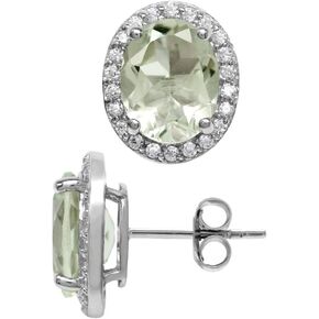 Silvershake10X8mm Oval Shape Gemstones White Gold Plated 925 Sterling Silver Halo Stud Earrings Hypoallergenic Jewelry for Women