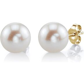 THE PEARL SOURCE 14K Gold 9-10mm Round White Freshwater Cultured Pearl Stud Earrings for Women