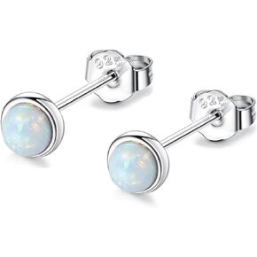 Genuine 3mm Bezel Set White/Blue/Green Opal Birthstone Stud Earrings for Women, White Gold/Gold/Rose Gold Plated Sterling Silver Opal Stud Earrings, Opal Dot Studs Hypoallergenic