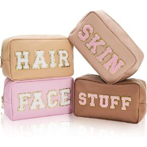 Whaline 4 Pcs Preppy Makeup Bag Chenille Letter Cosmetic Bag PU Leather Waterproof Toiletry Bag Portable Makeup Pouch Organizer Zipper Patches for Women Gifts(Earth Tone,Skin,Stuff,Hair,Face)