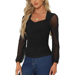 Allegra K Ruched Mesh Blouse for Women's Long Sleeve Slim Fit Dressy Casual Wrap Tops