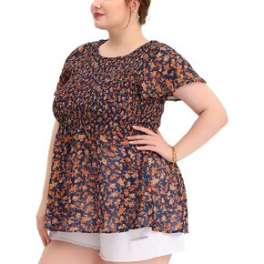 Agnes Orinda Plus Size Chiffon Blouses for Women Summer Flare Short Sleeve Smocked Ditsy Floral Peplum Top