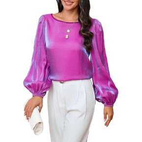 MakeMeChic Women's Solid Lantern Long Sleeve Round Neck Satin Blouse Casual Shirt Top