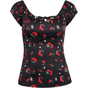 YARN & INK Women's Pinup Shirt 1950s Vintage Rockabilly Puff Sleeve BowBlouse Off Shoulder Tops